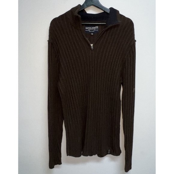 Nautica Jeans Co Mens Ribbed Knit Long Sleeve 1/4 Zip Sweater Size XL Brown - Picture 1 of 7
